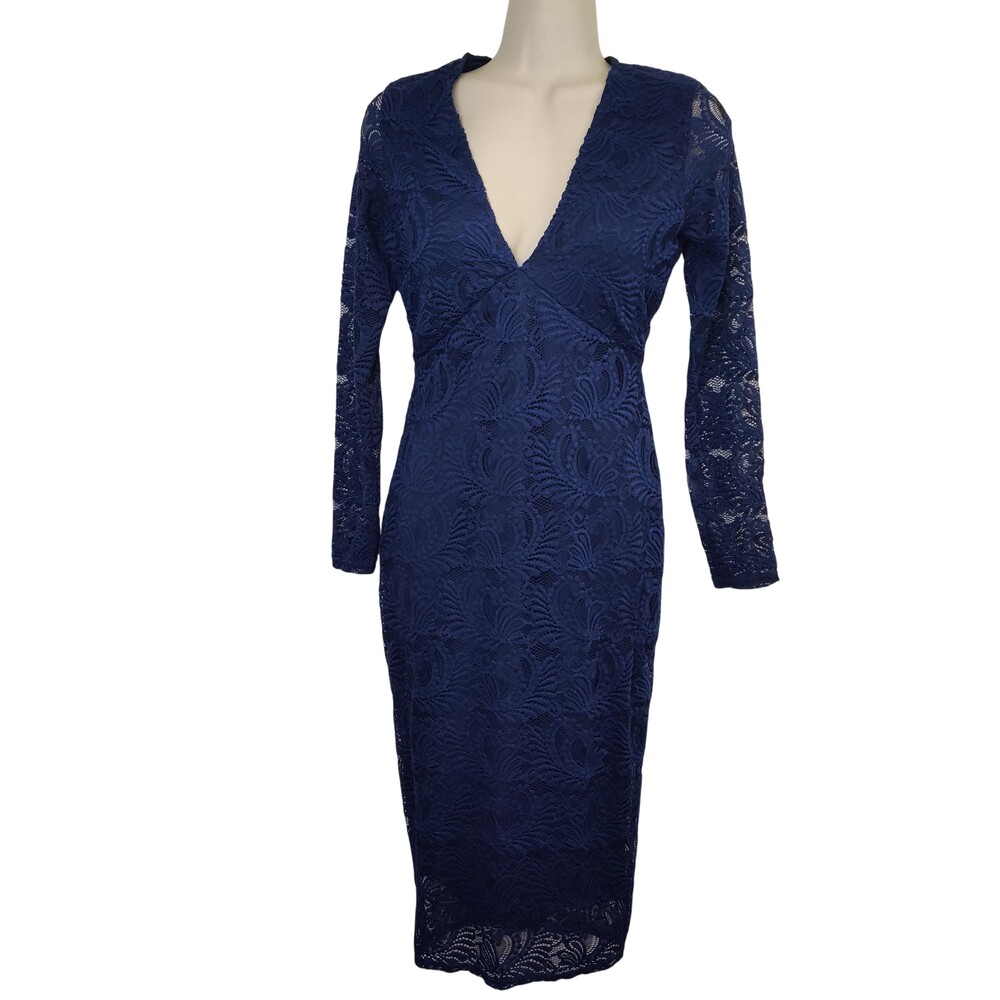 Boohoo Petite Dress Womens 0 Navy Lace Bodycon Long Sleeve Deep V Neck Midi NWT